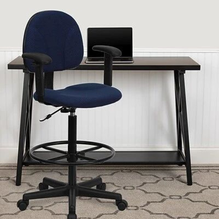 Stools & Ottomans * | Drafting Chairs Flash Furniture Ergonomic Fabric Drafting Stool, Adjustable Arms, Navy Blue (Bt659Nvyarms)