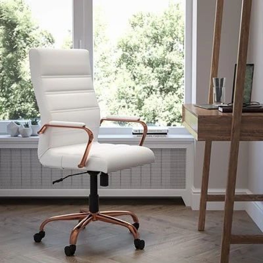 Chairs * | Office Chairs Flash Furniture Ergonomic Faux Leather Swivel Executive Chair, White (Go-2286H-Wh-Rsgld-Gg)