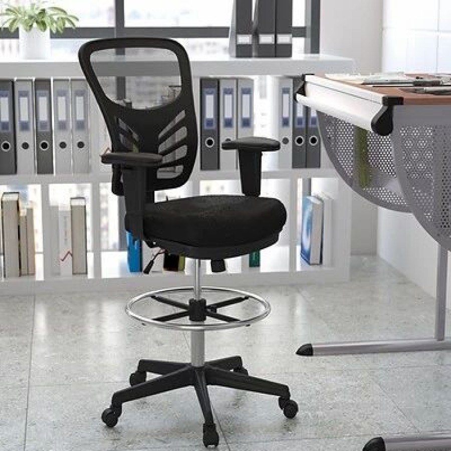 Stools & Ottomans * | Drafting Chairs Flash Furniture Nylon Drafting Chair With Lumbar Support, Black (Hl-0001-1Cblack-Gg)