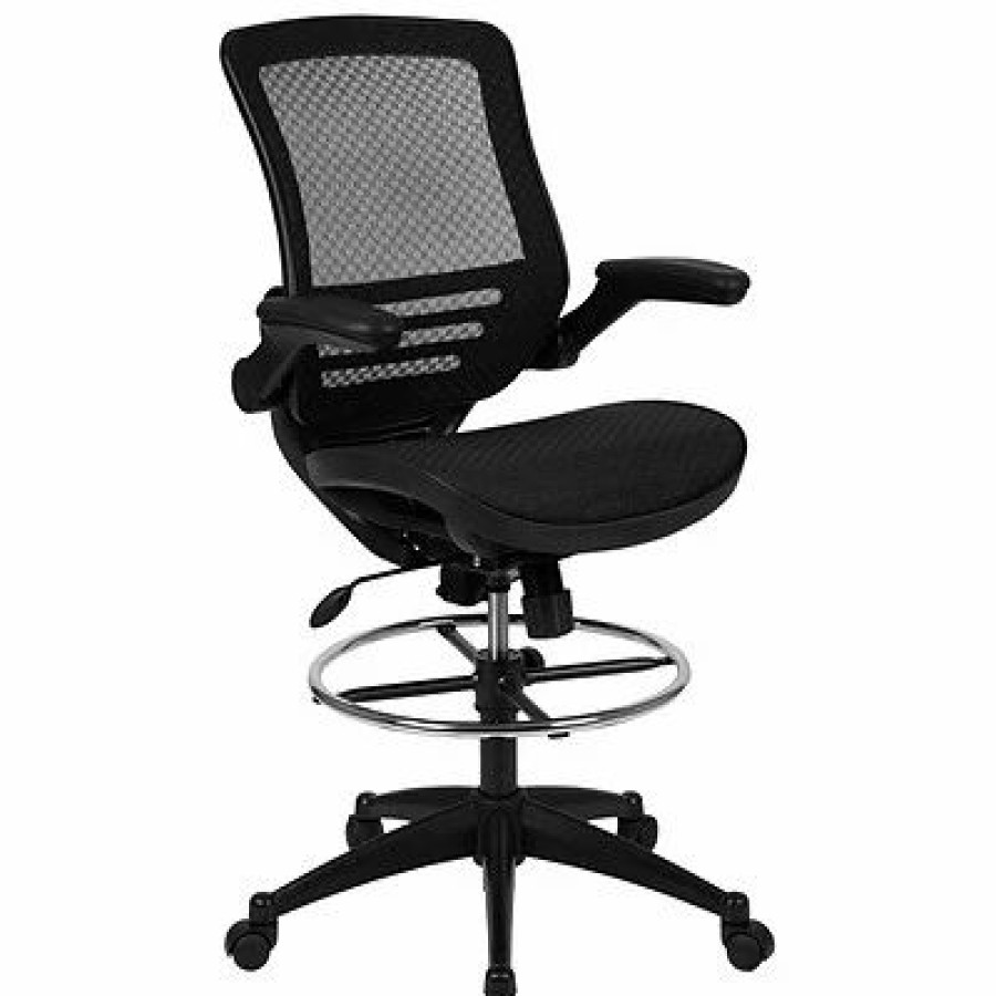 Stools & Ottomans * | Drafting Chairs Flash Furniture Mesh Mid-Back Drafting Stool With Lumbar Support, Black (Bllb8801Xdblk)